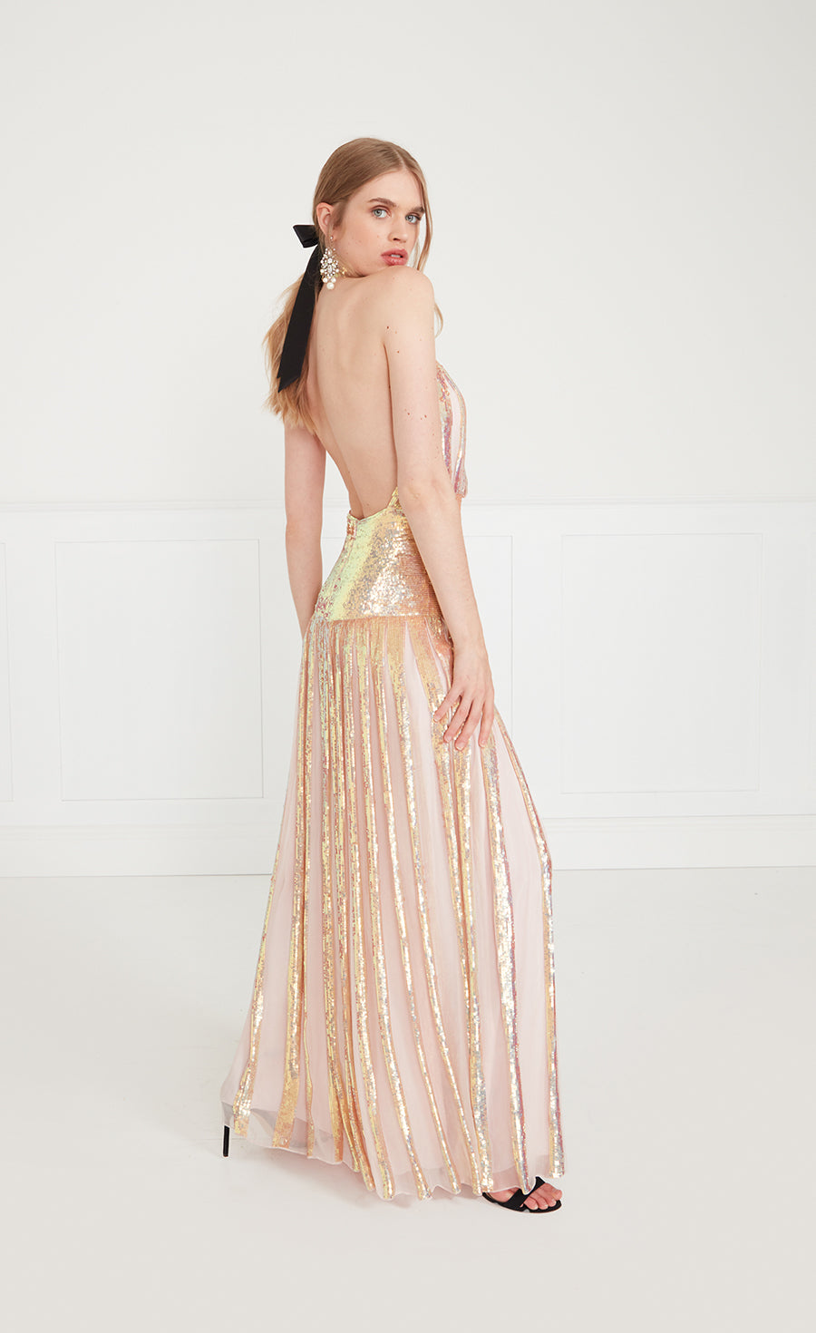 Rose gold iridescent flowing hotsell sequins dress